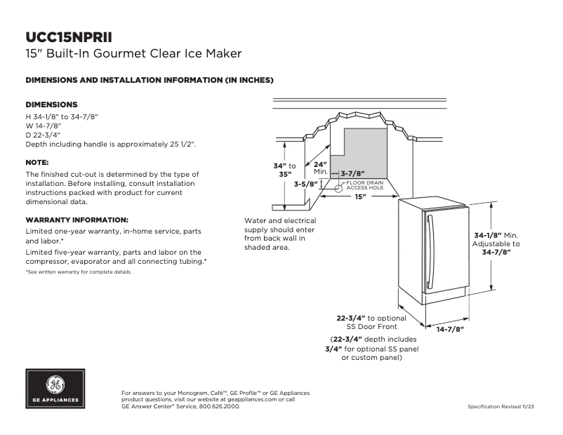 Page 1 de la notice Fiche technique Monogram UCC15NPRII