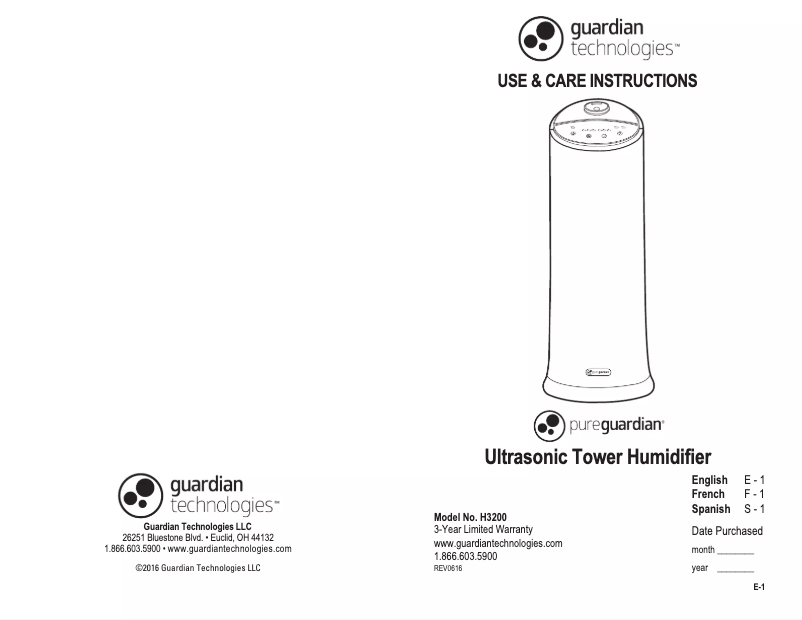 Page n°1 - Manuel utilisateur PureGuardian H3200BAR
