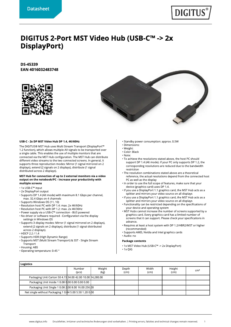 Page n°1 - Fiche technique Digitus DS-45339