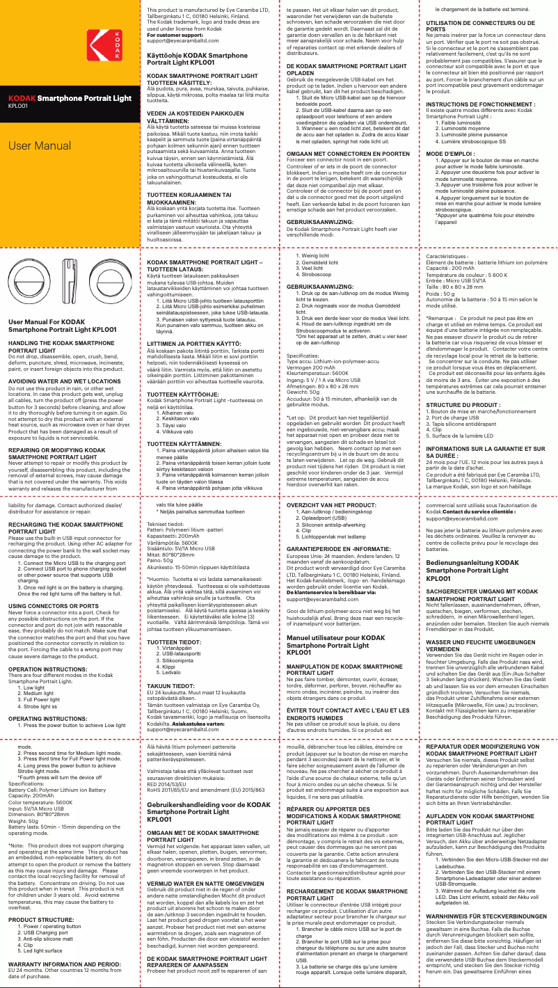 Page 1 de la notice Manuel utilisateur Kodak Smartphone Portrait Light KPL001