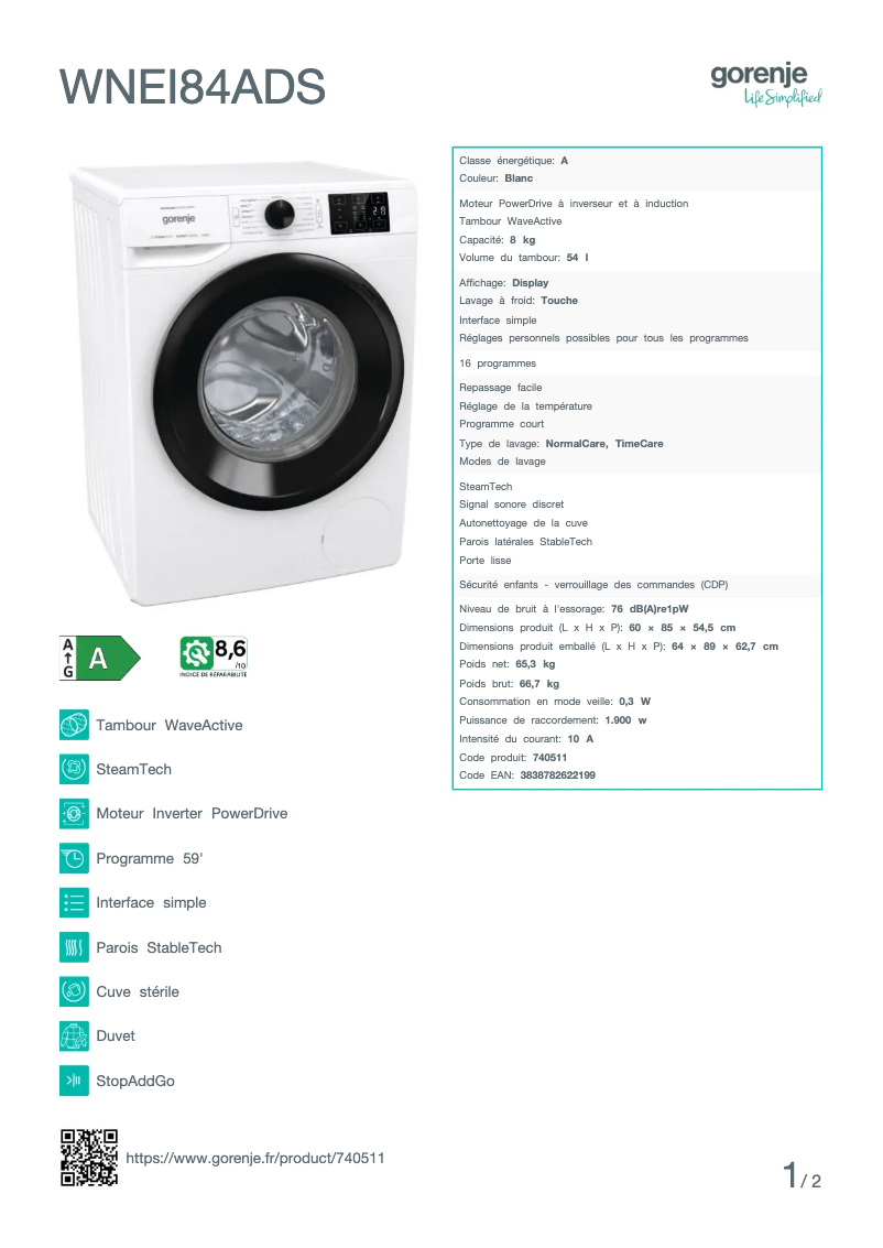 Image de la première page du manuel de l'appareil WNEI84ADS