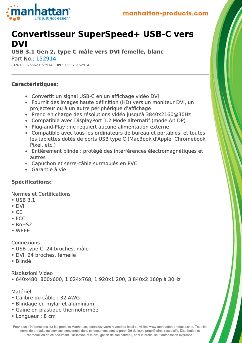 Page 1 de la notice Fiche technique Manhattan 152914
