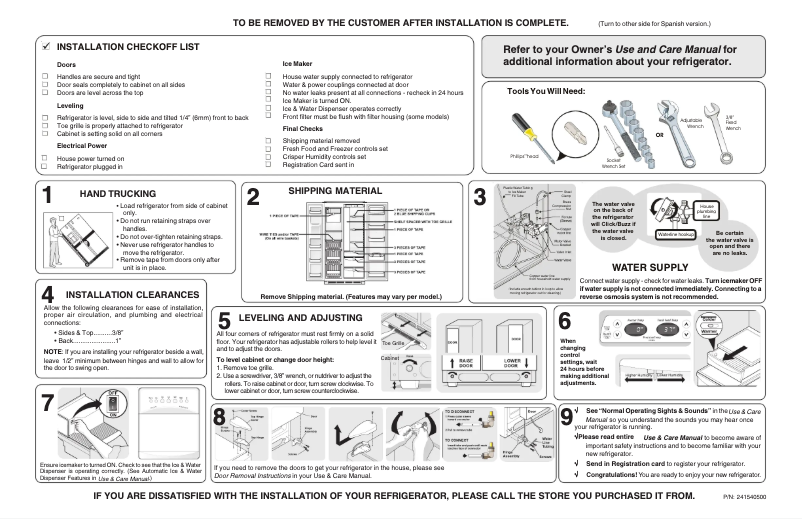 Page n°1 - Guide d'installation Frigidaire GHSC239TDW