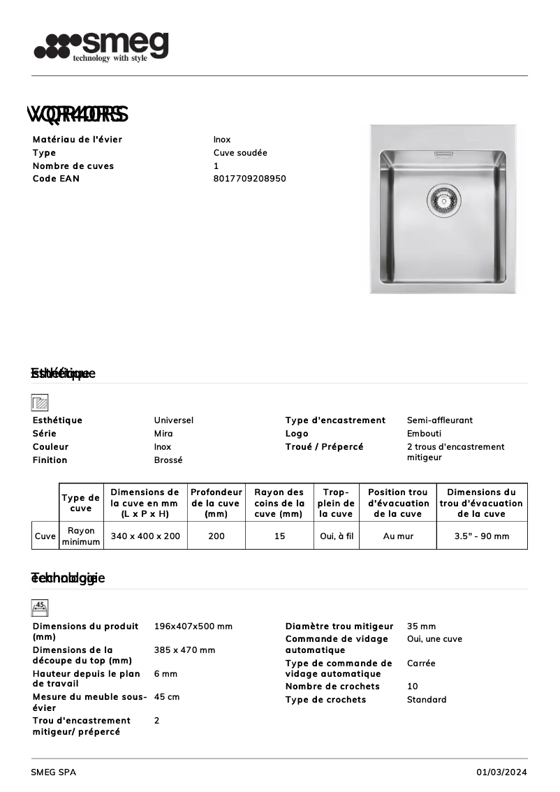 Page n°1 - Fiche technique Smeg VQR40RS