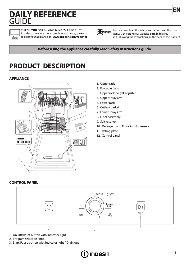 Page 1 de la notice Manuel utilisateur Indesit DSFE 1B10 S