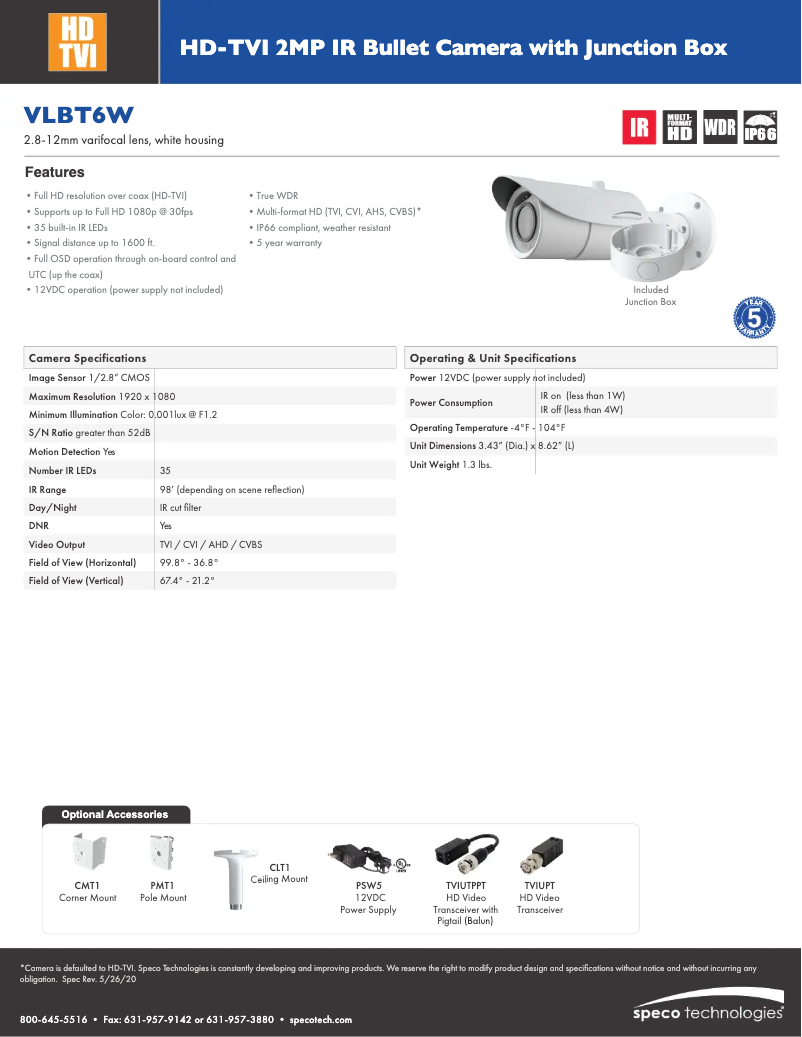 Page 1 de la notice Fiche technique Speco Technologies VLBT6W