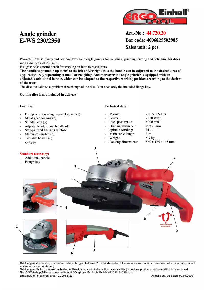 Page 1 de la notice Fiche technique Ergotools Pattfield E-WS 230/2350