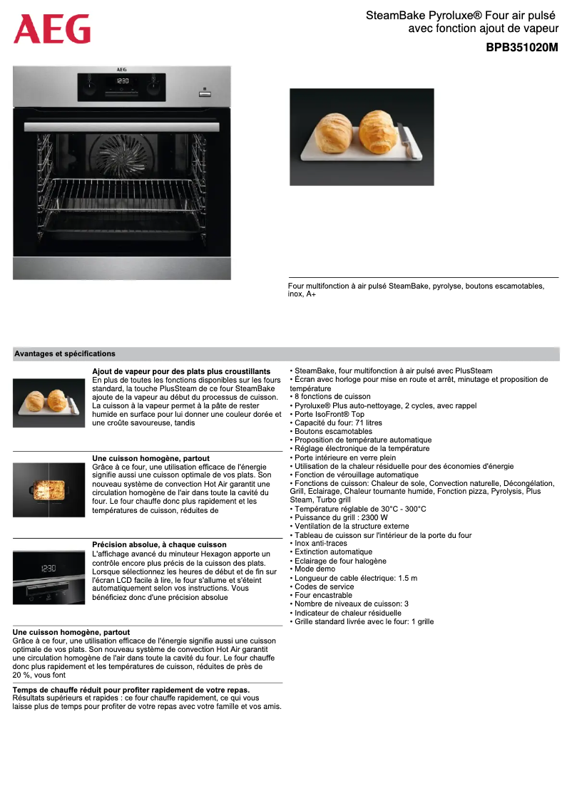 Page 1 de la notice Fiche technique AEG BPB351020M