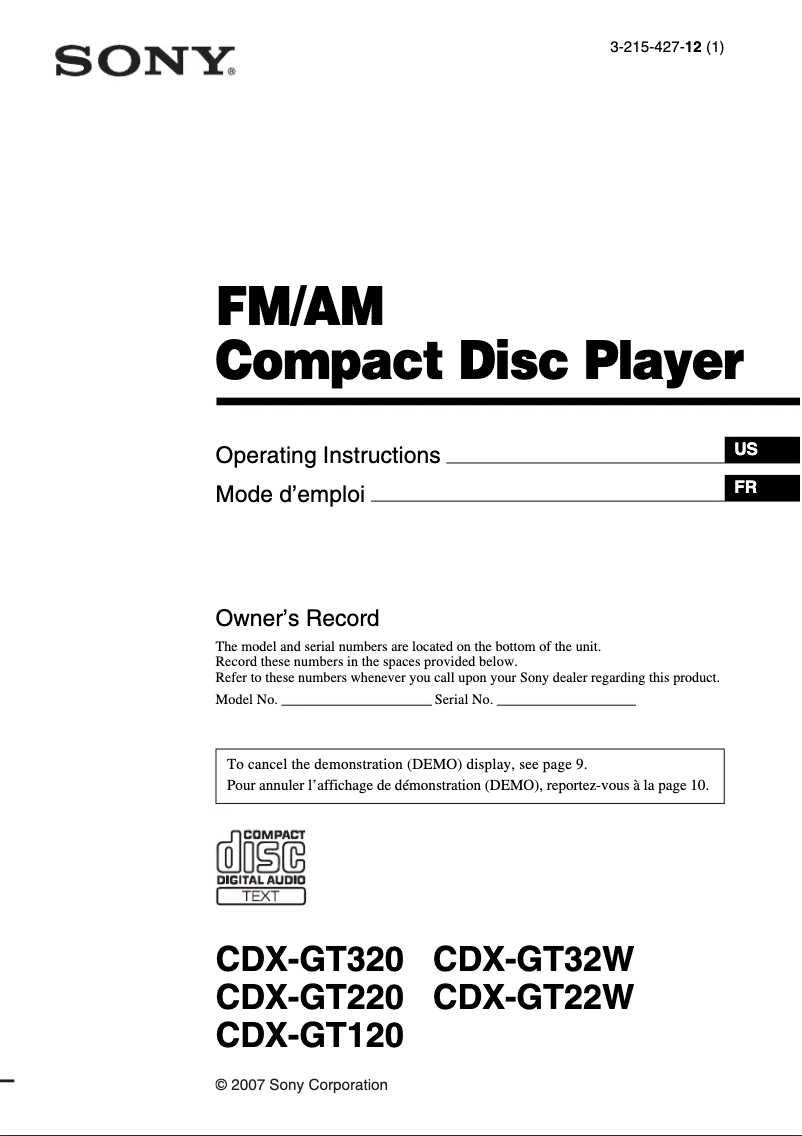 Image de la première page du manuel de l'appareil Xplod CDX-GT220