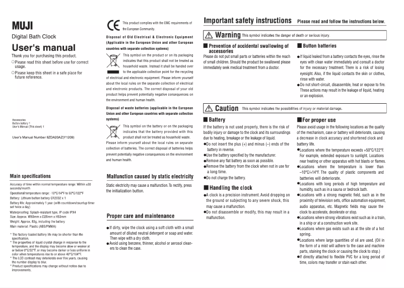 Page 1 de la notice Manuel utilisateur Muji Digital Bath Clock 1152516