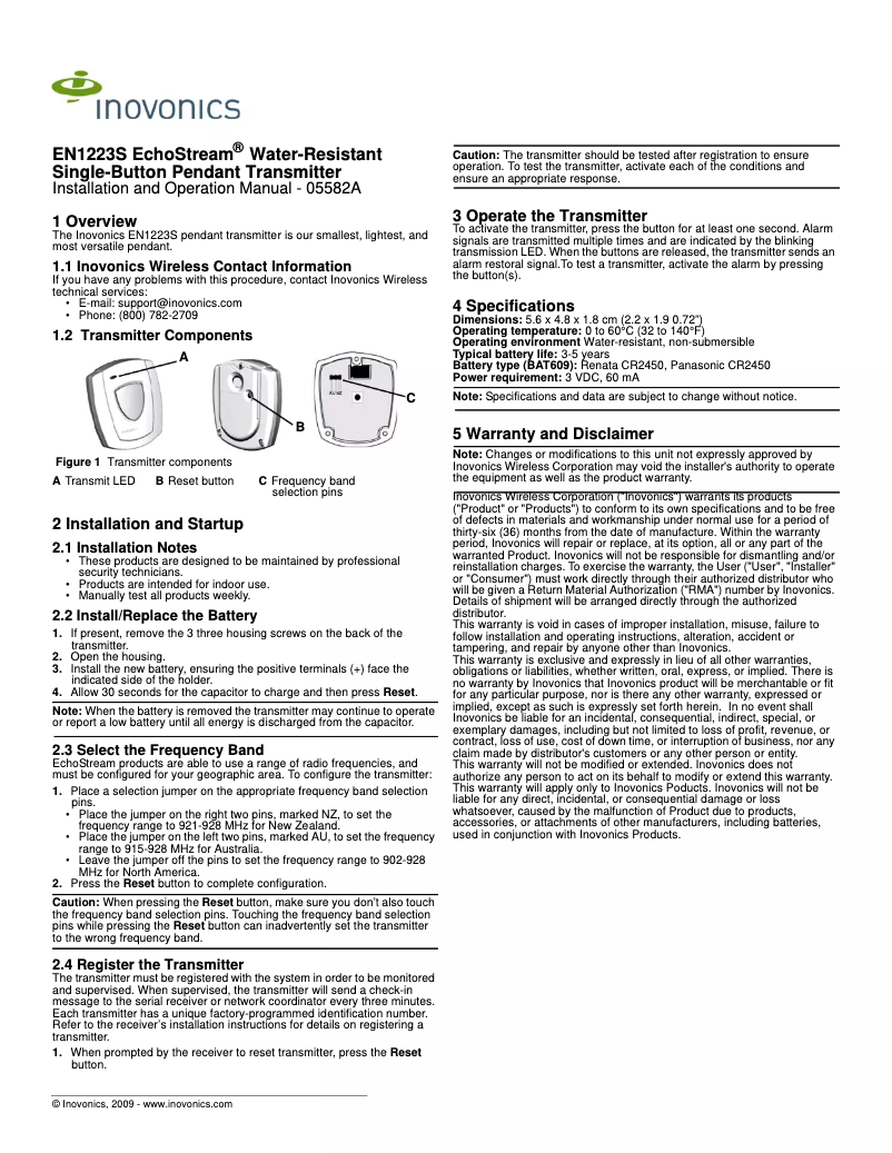 Page 1 de la notice Manuel utilisateur Inovonics EchoStream EN1223S