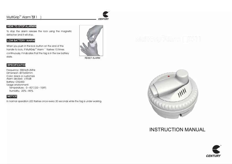 Page 1 de la notice Manuel utilisateur CENTURY MultiGrip Alarm T511
