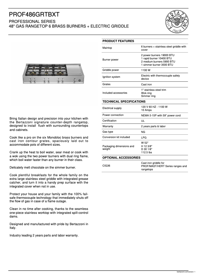 Page n°1 - Fiche technique Bertazzoni PROF486GRTBXT
