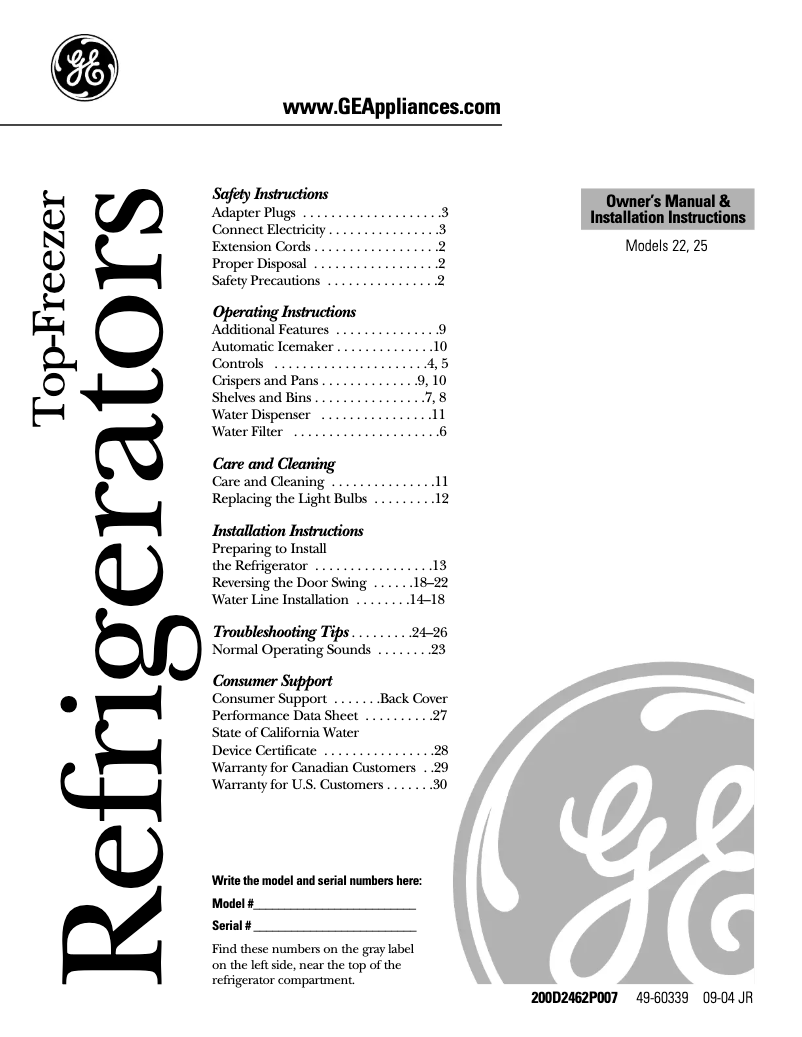 Image de la première page du manuel de l'appareil GTS22WSTSS