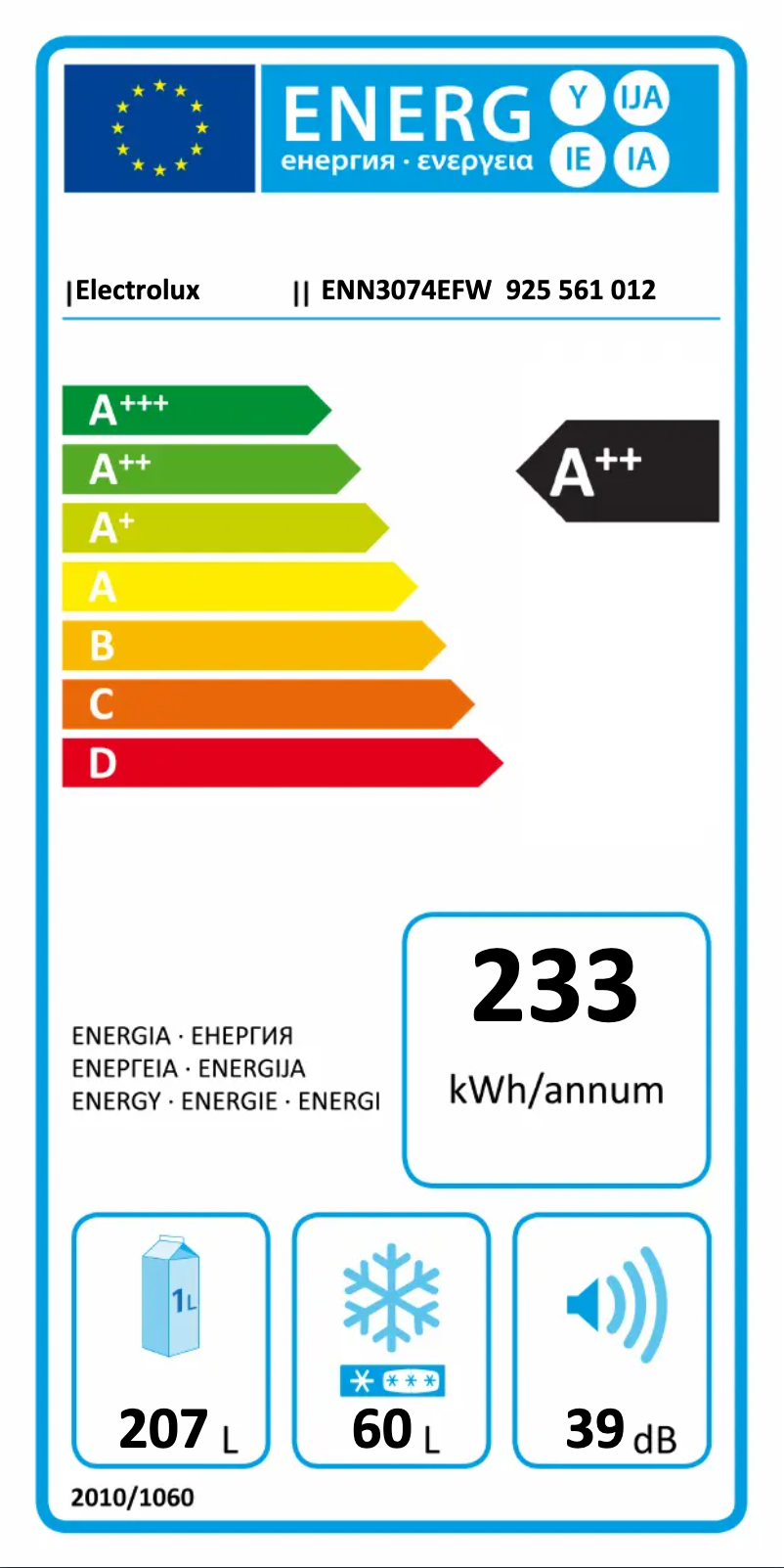 Page 1 de la notice Label énergétique Electrolux ENN3074EFW