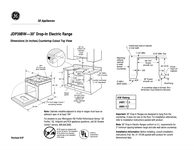 Page 1 de la notice Fiche technique GE JDP39BWBB