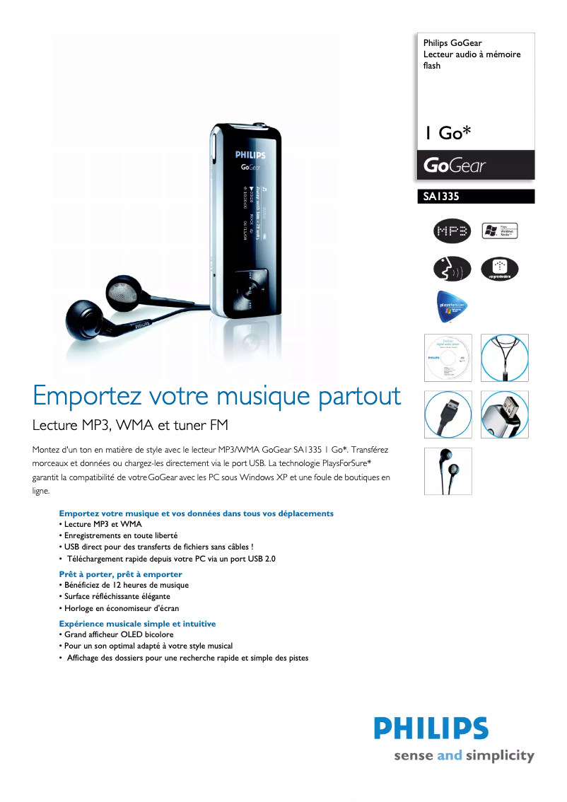 Page 1 de la notice Fiche technique Philips GoGear SA1335