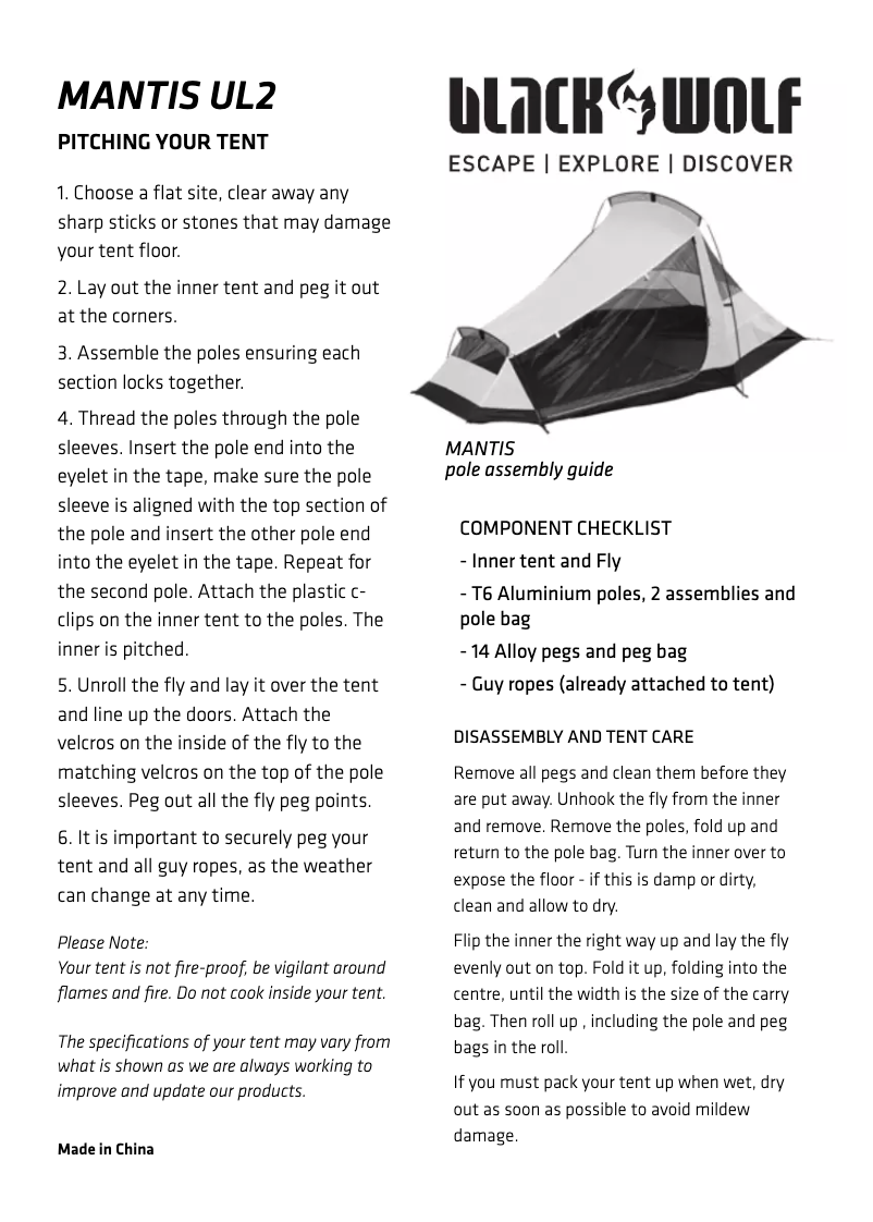 Page 1 de la notice Manuel utilisateur Black Wolf Mantis UL 2