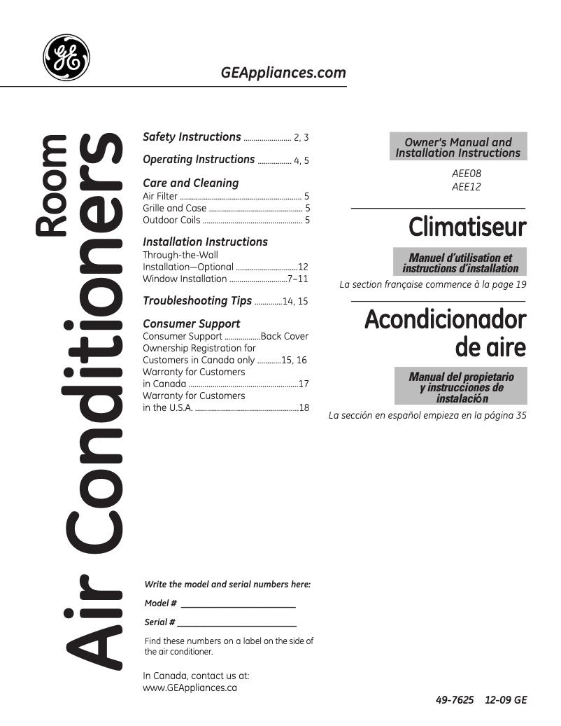 Page 1 de la notice Guide d'installation GE AEE12DN