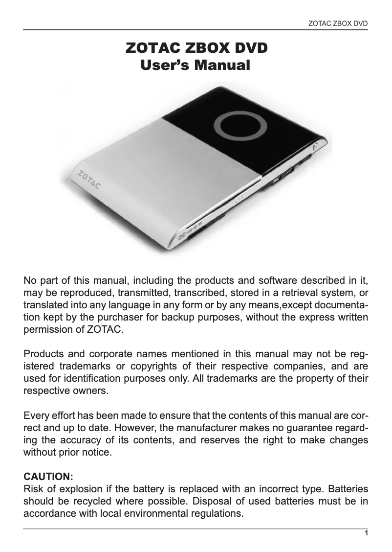 Page 1 de la notice Manuel utilisateur Zotac ZBOX DVD ID37