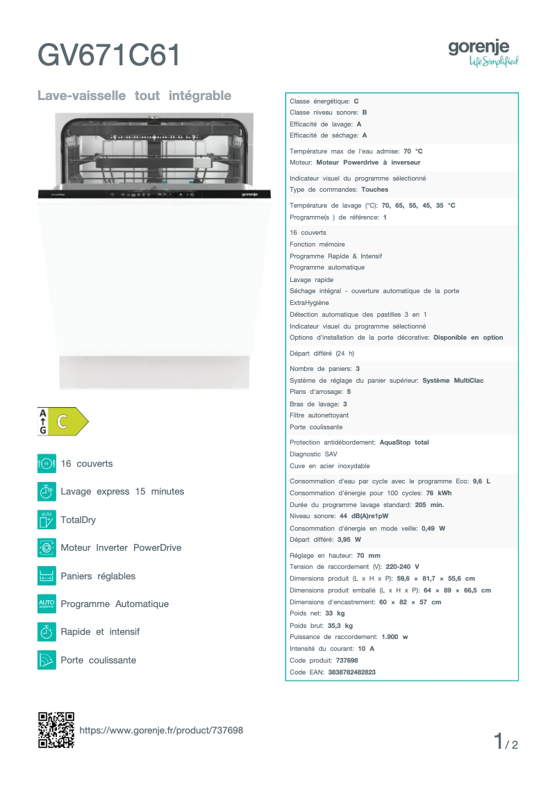 Page n°1 - Fiche technique Gorenje GV671C61