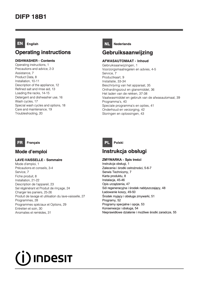 Page n°1 - Manuel utilisateur Indesit DIFP 18B1 A EU