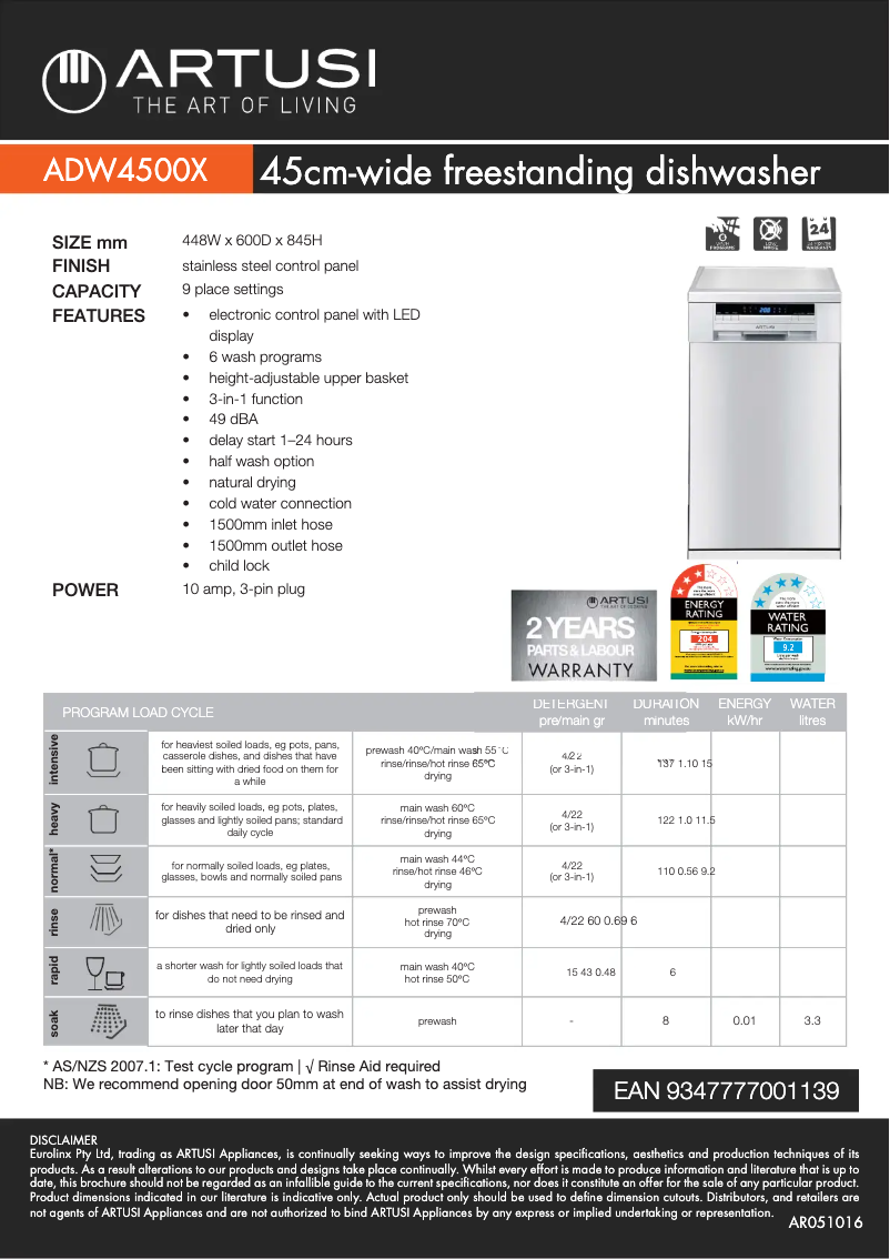 Page 1 de la notice Fiche technique Artusi ADW4500X