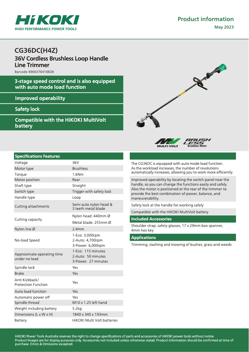 Page 1 de la notice Fiche technique HiKOKI CG36DC