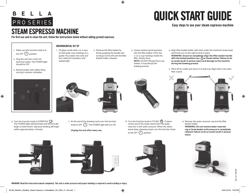 Page n°1 - Guide de démarrage rapide Bella Steam Espresso Maker 90195