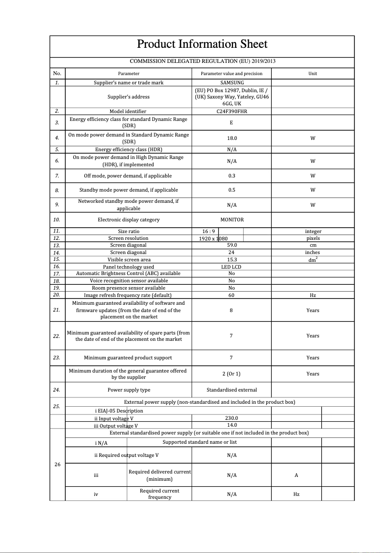 Page 1 de la notice Fiche technique Samsung C24F390
