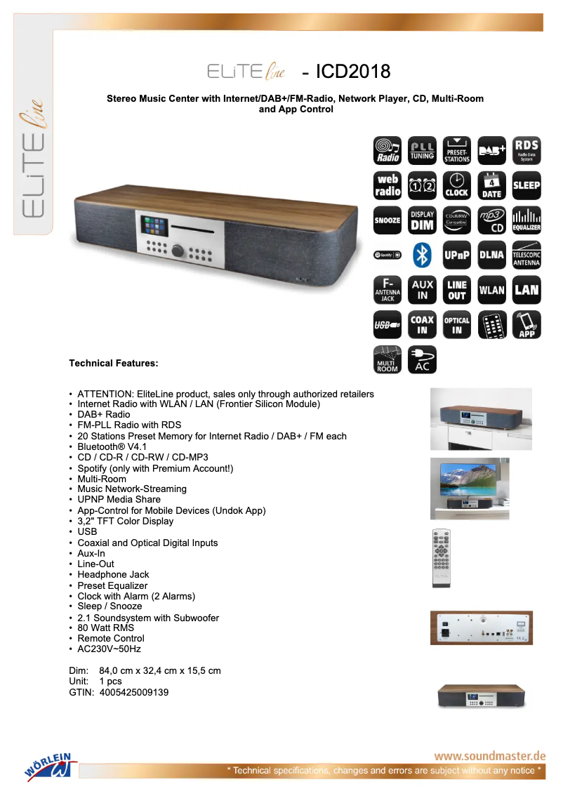 Page 1 de la notice Fiche technique Soundmaster ICD2018