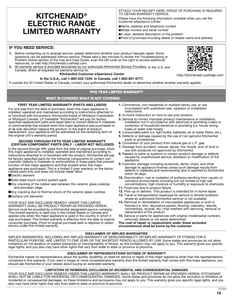 Page 1 de la notice Informations de garantie KitchenAid KFEG500EBS