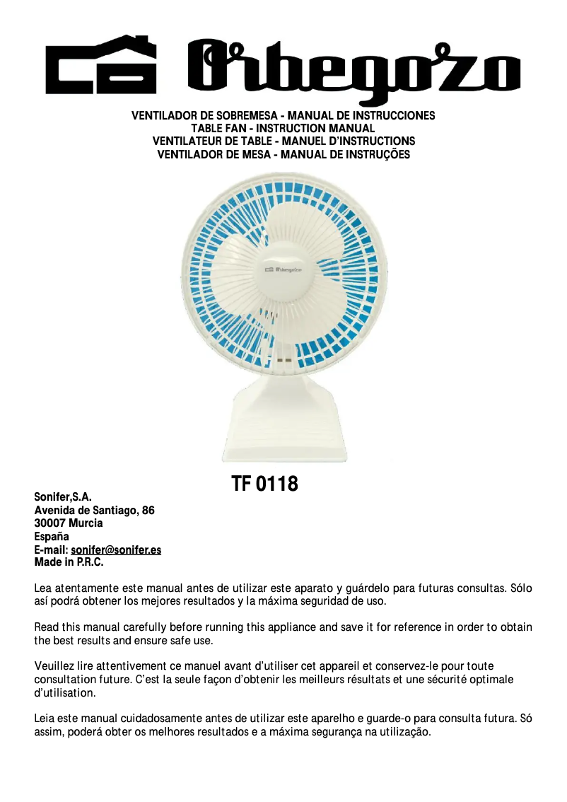 Page n°1 - Manuel utilisateur Orbegozo TF 0118