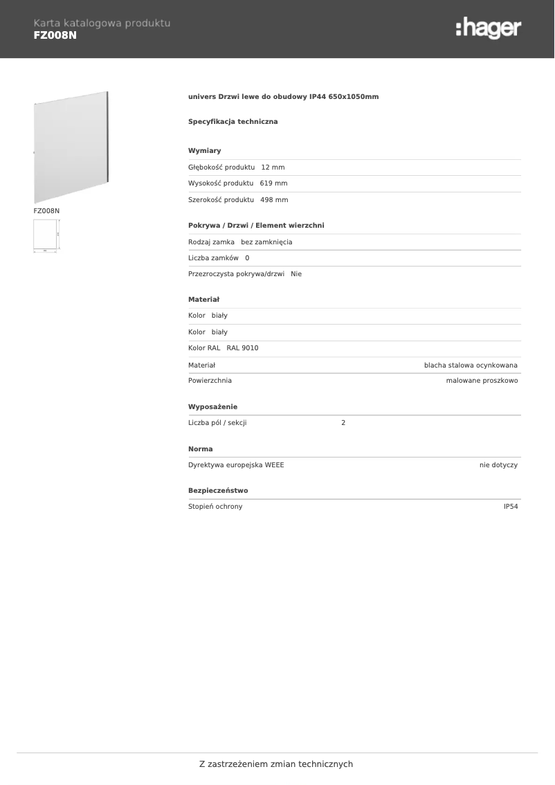 Page 1 de la notice Fiche technique Hager FZ008N