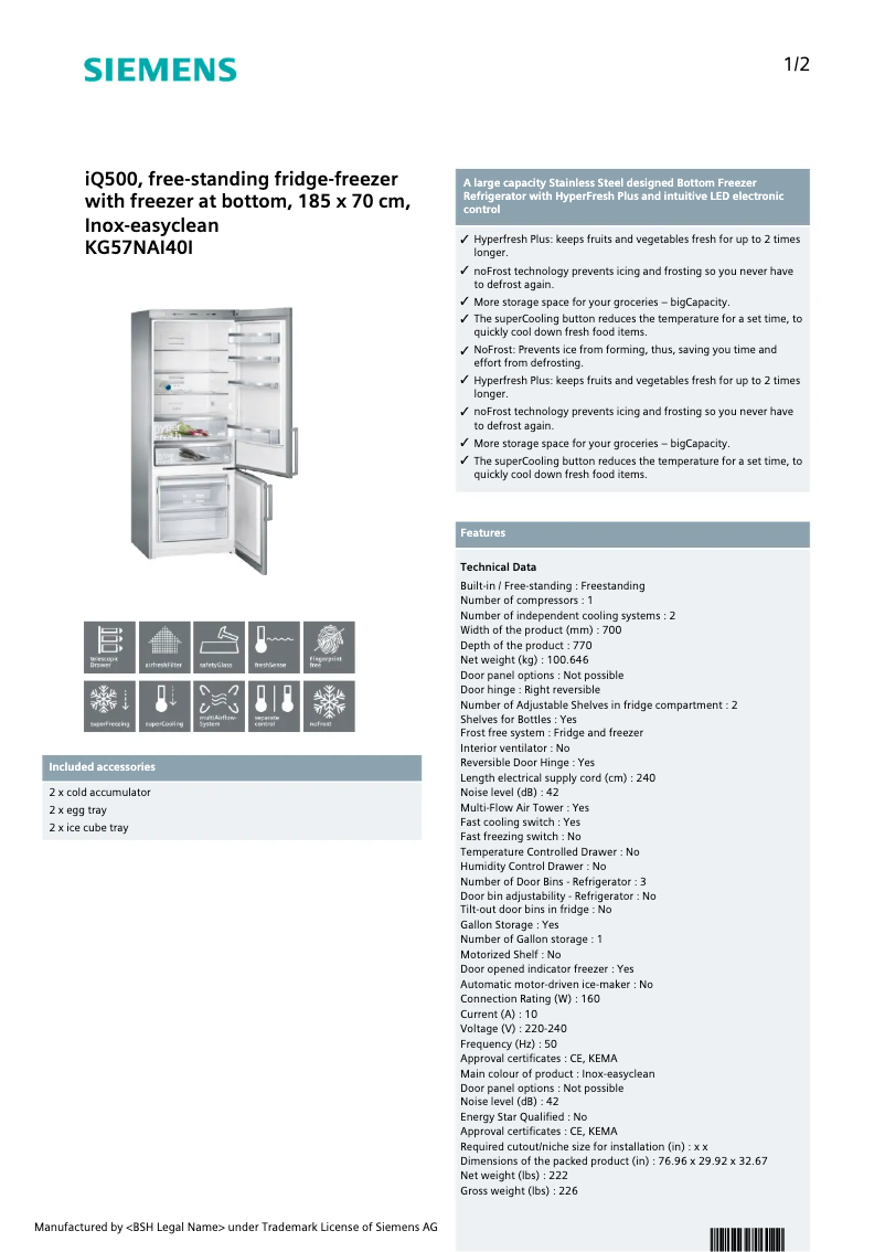 Page 1 de la notice Fiche technique Siemens KG57NAI40I