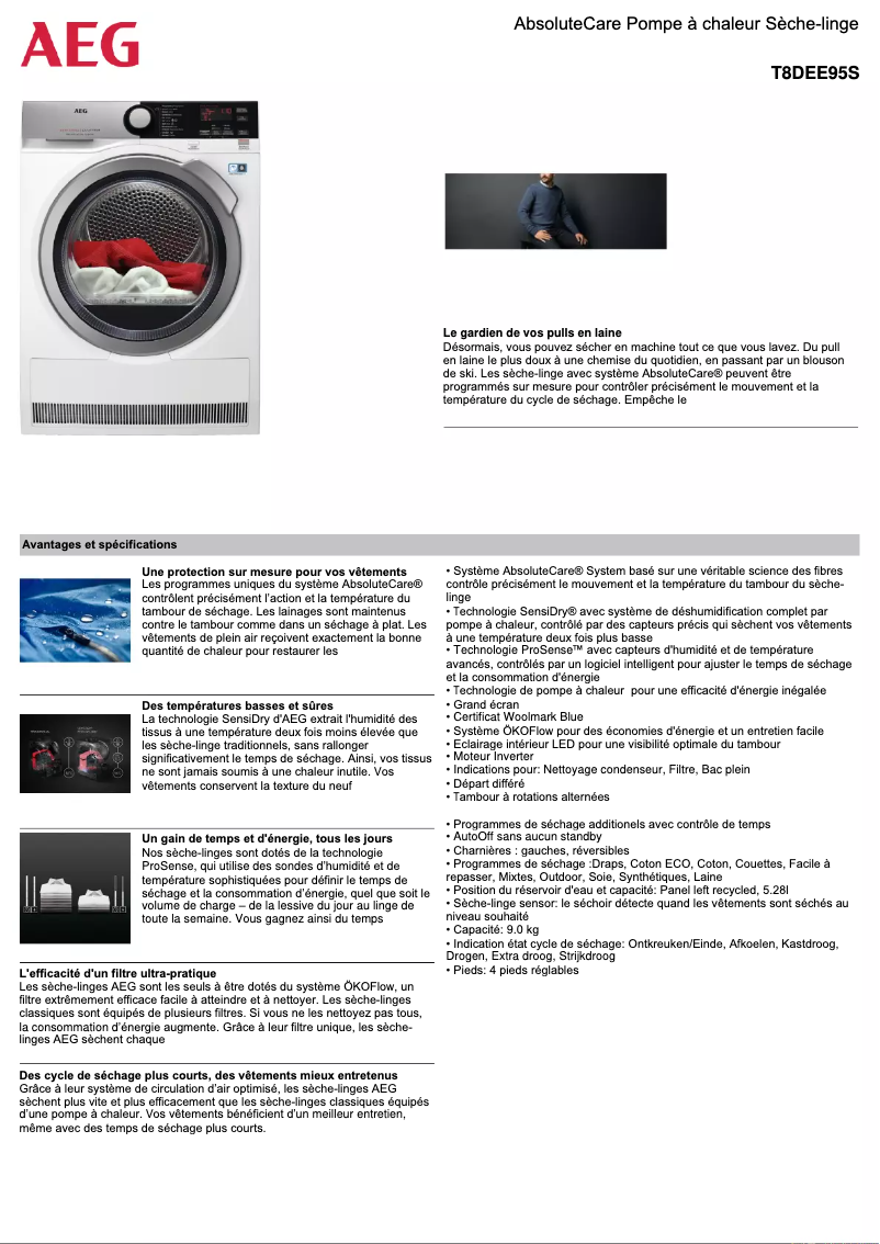 Page 1 de la notice Fiche technique AEG T8DEE95S