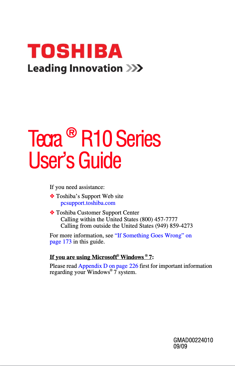 Page 1 de la notice Manuel utilisateur Toshiba Tecra R10