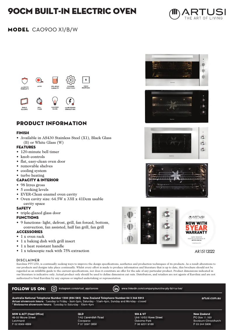 Page 1 de la notice Fiche technique Artusi CAO900