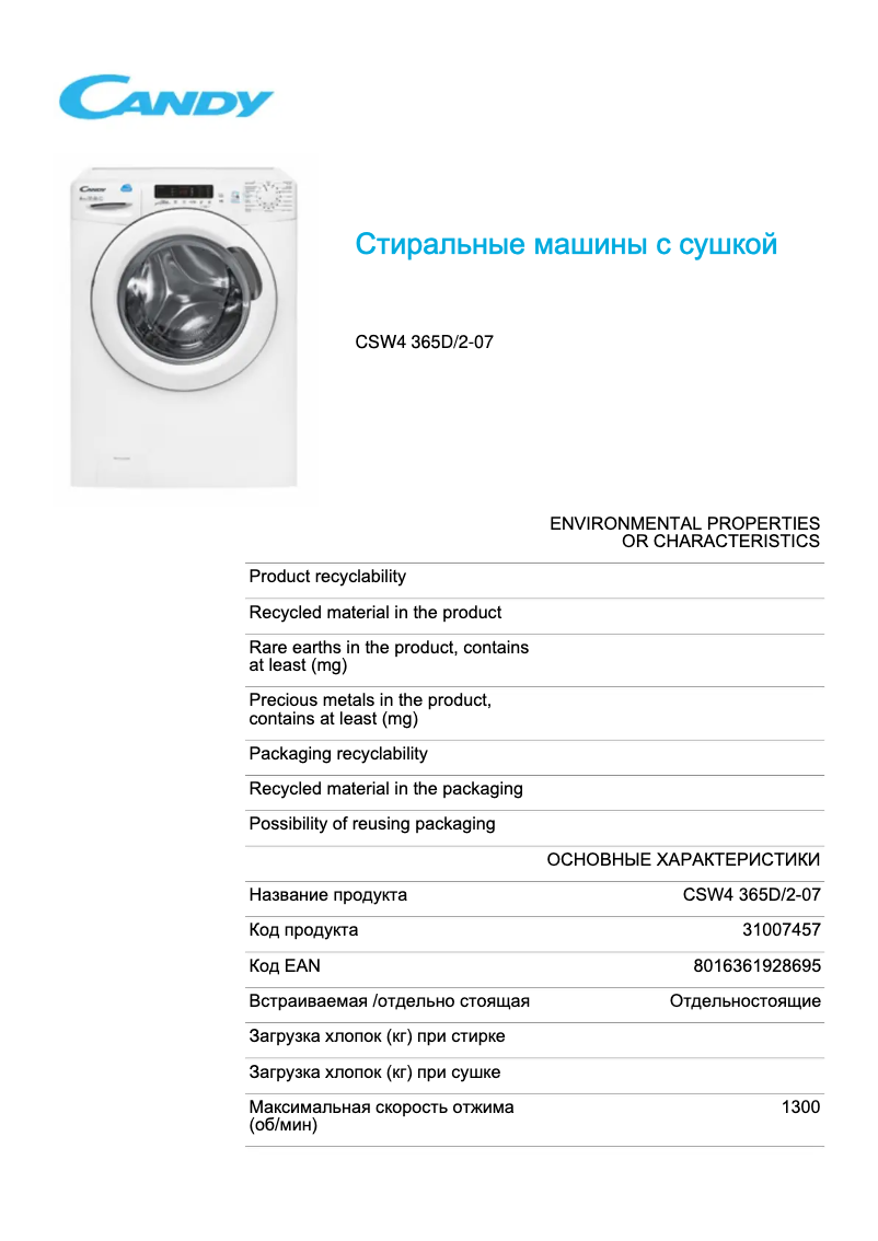 Page 1 de la notice Fiche technique Candy CSW4 365D/2-07