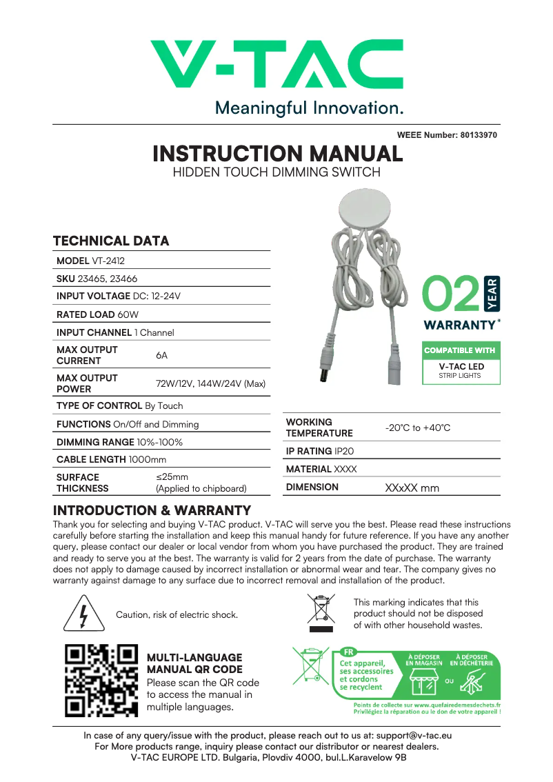Page 1 de la notice Manuel utilisateur V-TAC VT-2412