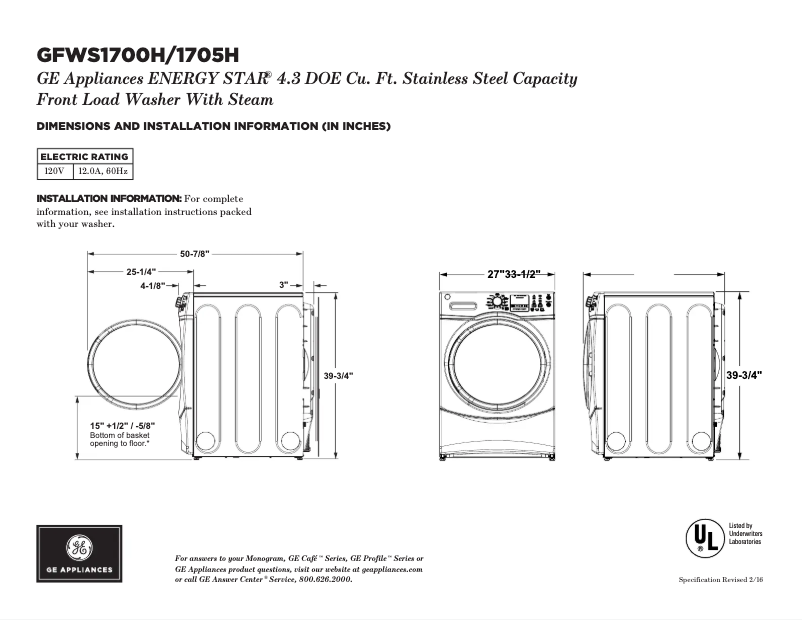 Page n°1 - Fiche technique GE GFWS1705HDG