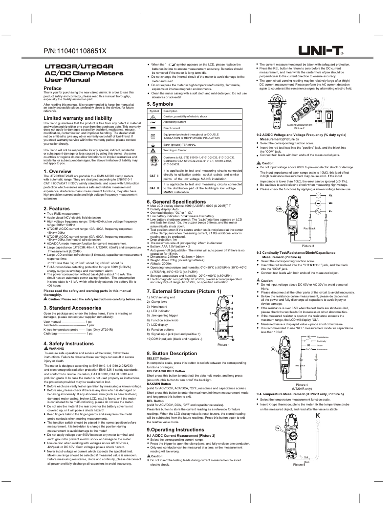Page 1 de la notice Manuel utilisateur Uni-T UT204R