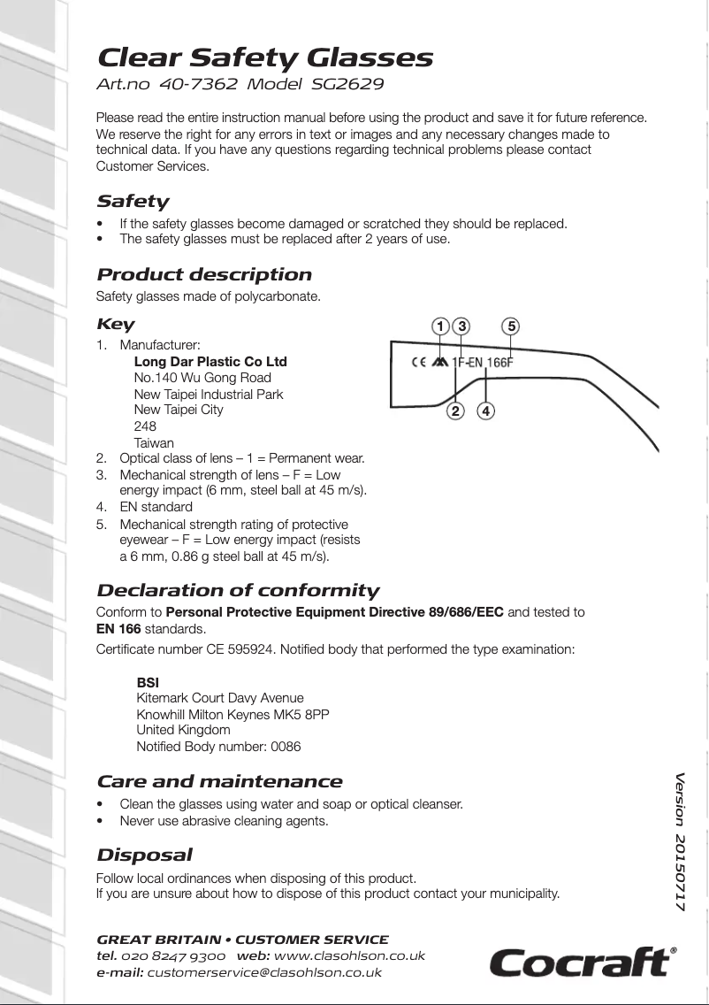 Page n°1 - Manuel utilisateur Cocraft SG2629