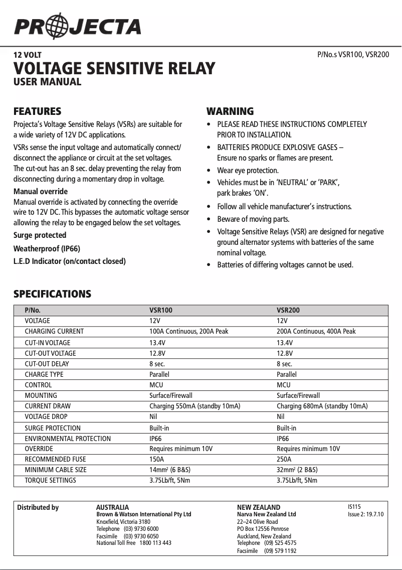 Page n°1 - Manuel utilisateur Projecta VSR100