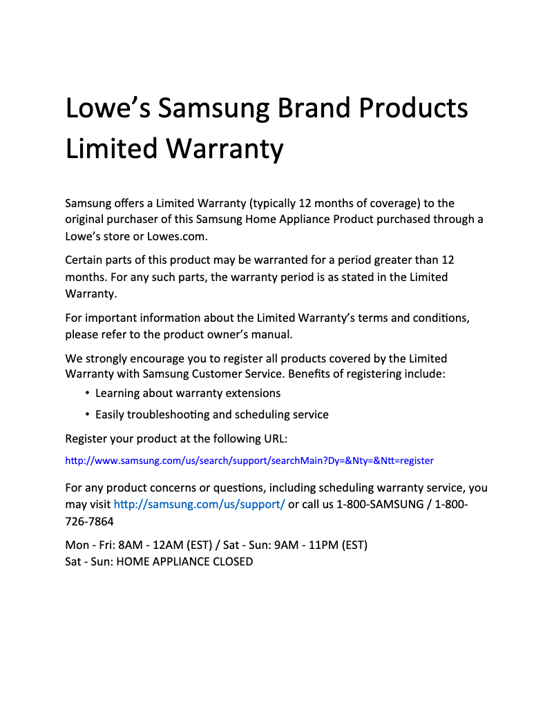 Page n°1 - Informations de garantie Samsung RF18A5101SR