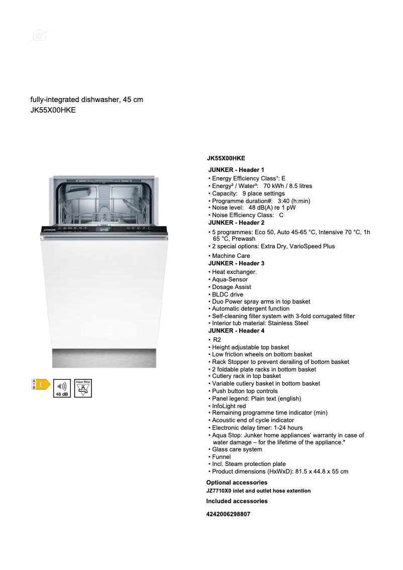 Page 1 de la notice Fiche technique Junker JK55X00HKE