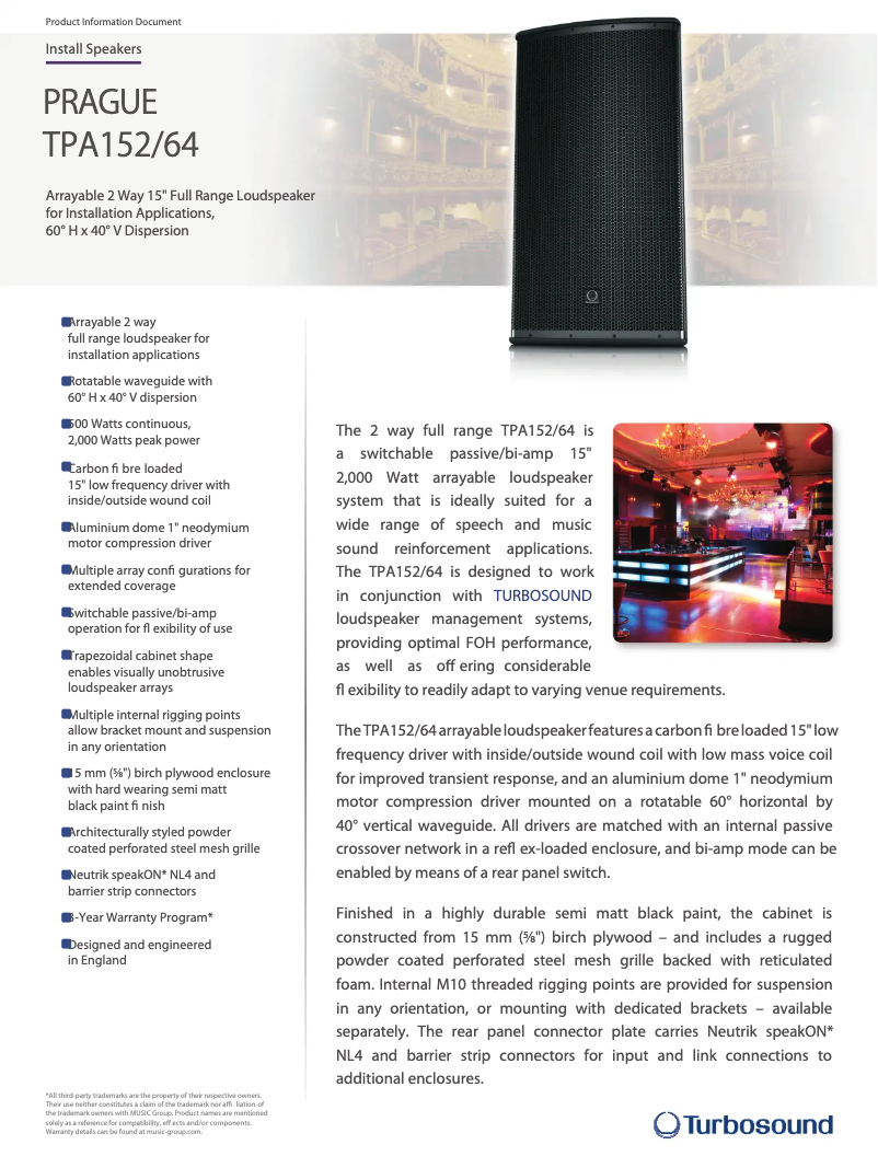 Página 1 del manual Ficha técnica Turbosound Prague TPA152/64