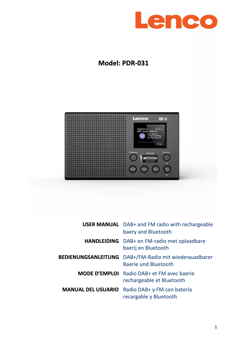 Page 1 de la notice Manuel utilisateur Lenco PDR-031