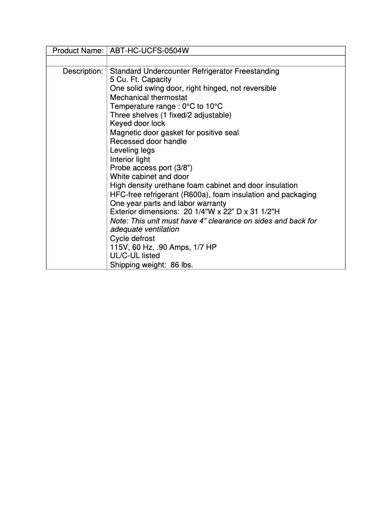 Page 1 de la notice Fiche technique American BioTech Supply ABT-HC-UCFS-0504W