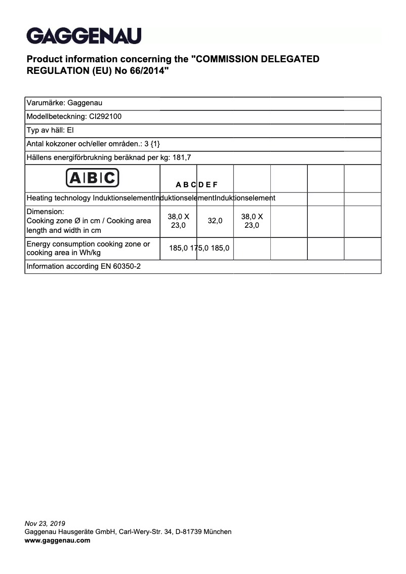 Página 1 del manual Ficha técnica Gaggenau CI292100
